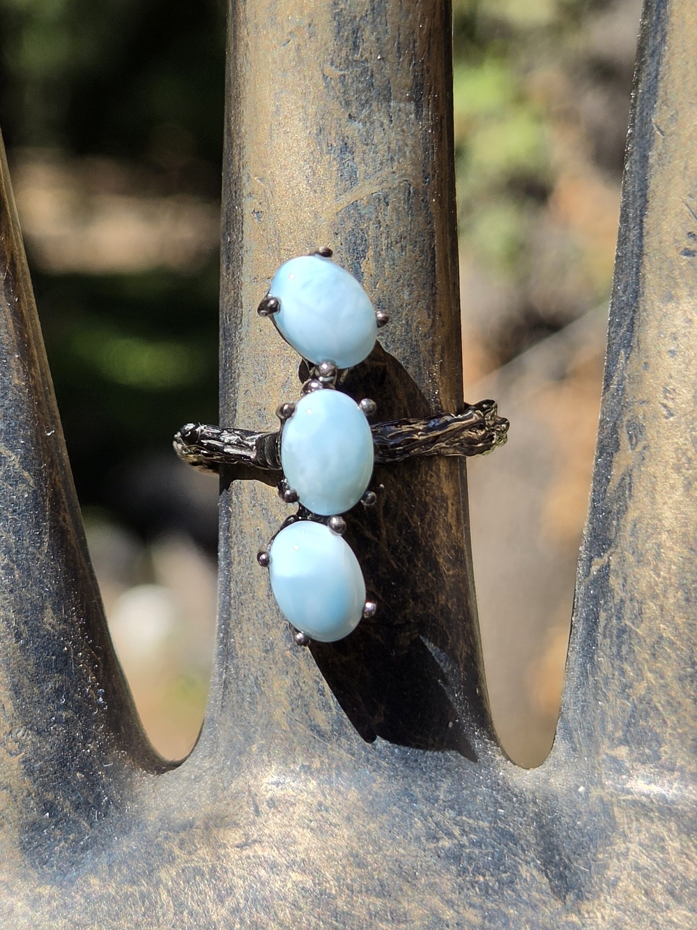 Larimar Triple Natural Gemstone Stetling&rhodium Ring  Sz8